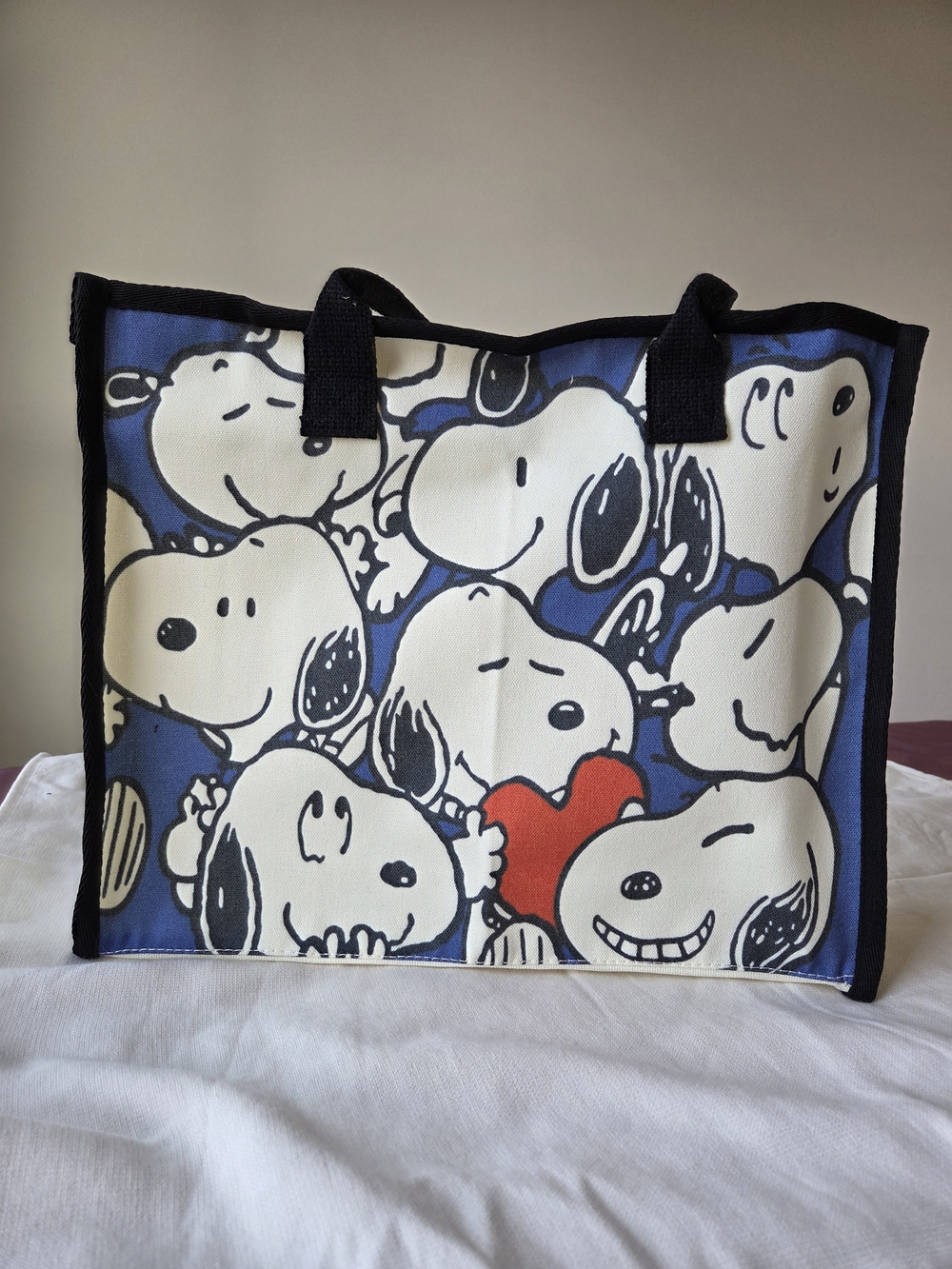 Peanuts Snoopy Blue Red Heart Canvas Tote Bag Handbag Zipper New